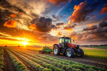 Obraz premium A red tractor is driving through a field of crops