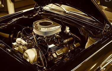 Detailed Close-Up of Vintage Car Engine with Polished Chrome Components and Intricate Wiring in a Classic Automobile Setting