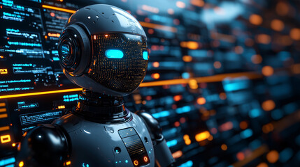 Fototapeta premium An AI-powered chatbot interacting with a customer online, utilizing a vast database to provide intelligent, real-time support and solutions.