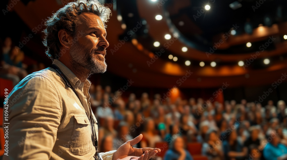 Poster speaker captivates an attentive audience with a powerful presentation in a well-lit auditorium space