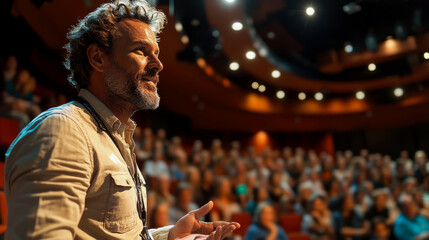 Fototapeta premium Speaker captivates an attentive audience with a powerful presentation in a well-lit auditorium space during an educational event