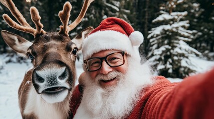 Santa taking selfie with reindeer, modern Christmas moment, cheerful and festive atmosphere.