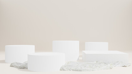 3d rendering. White geometric shapes podium and rock for premium products display, nature advertising cosmetic concept on white background.