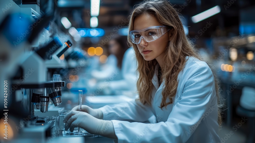 Poster a researcher in a lab coat and safety goggles focuses on a test tube while using a microscope in a b