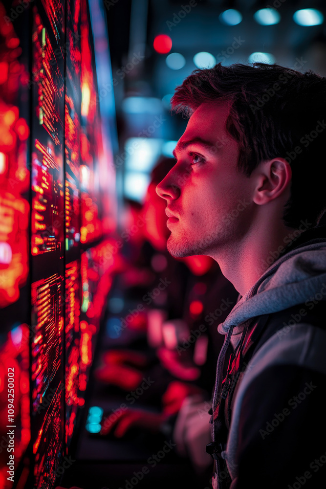 Poster a young man is immersed in analyzing data on illuminated screens while surrounded by technology enth