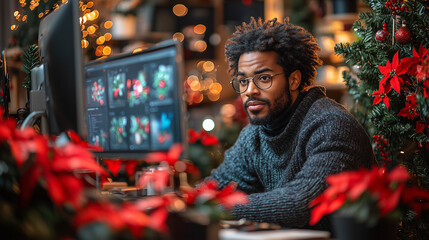 Obraz premium A man wearing a Christmas sweater working on a computer, creating a festive and productive holiday atmosphere in the office during the Christmas season.
