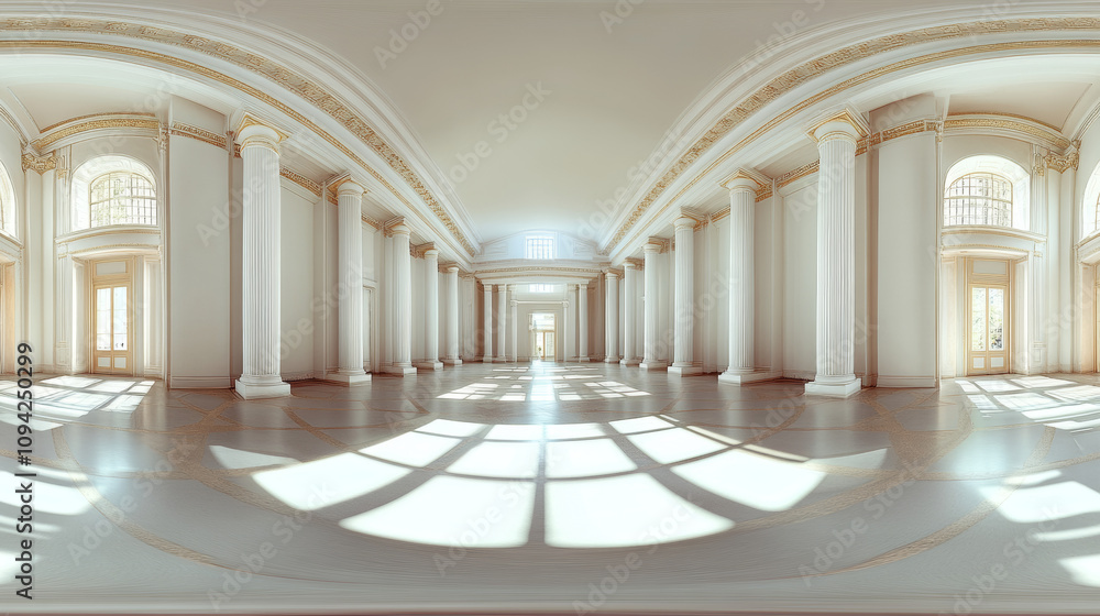 Poster 360 degree panorama view.a 3d image shows a bright, empty hall with columns. the view is a complete 