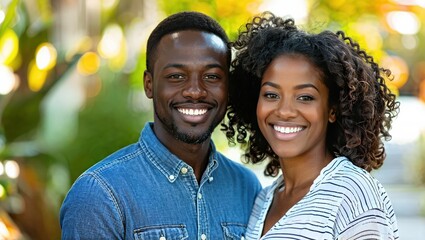 Obraz premium A cheerful couple enjoying a sunny day in a vibrant garden filled with lush greenery and warm light.