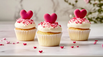 A set of cupcakes decorated with pink and red heart-shaped toppers and sprinkles, arranged on a clean surface with a soft, neutral-colored background, ready for a greeting or tagline. 
