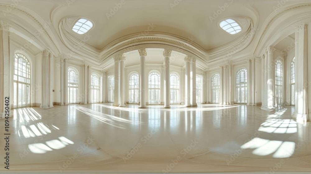 Poster 360 degree panorama view.a 3d image shows a bright, empty hall with columns. the view is a complete 