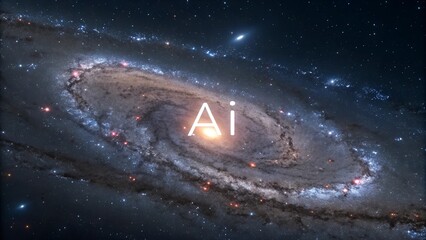 Digital Galaxy with AI Glowing in Cosmic Haze and Swirling Light Patterns

