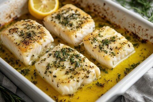 Baked cod fillets in lemon butter sauce. Perfect for healthy, delicious meal prep or dinner recipes.