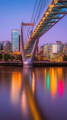 Obraz premium A modern bridge illuminated at dusk, reflecting colorful lights in the water below.