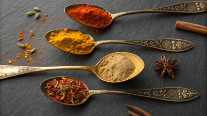Aromatic Spices in Antique Spoons on Dark Surface