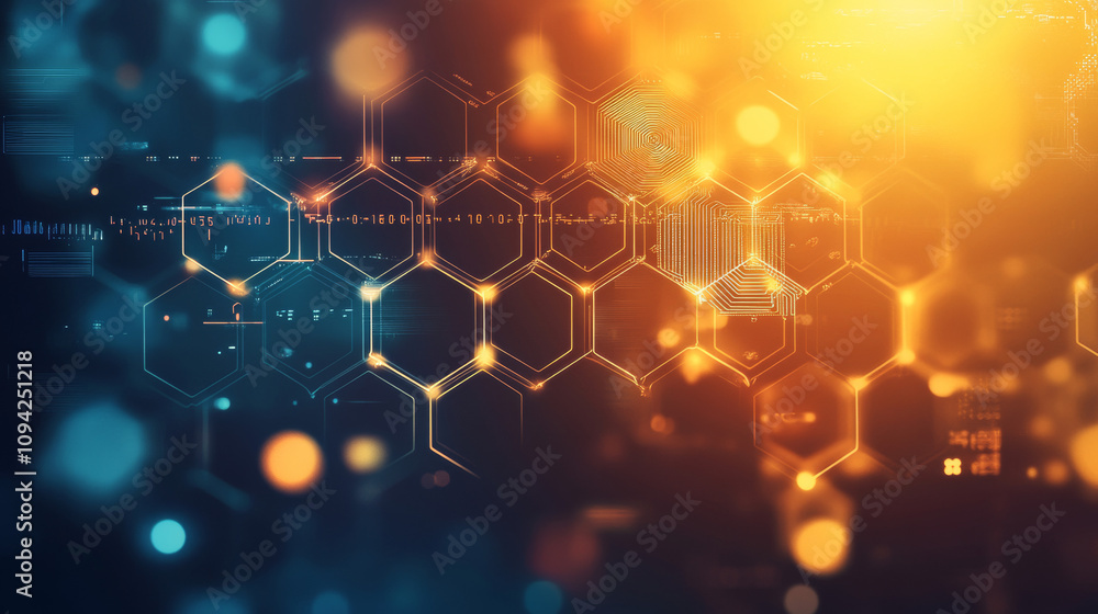 Poster a futuristic, abstract background featuring a hexagonal electronic circuit design.