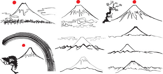 山　正月用　手書きの毛筆イラスト