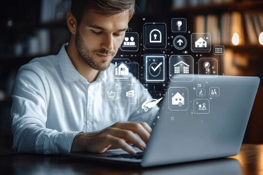 Businessman using laptop for online insurance services for car travel family life financial and health insurance