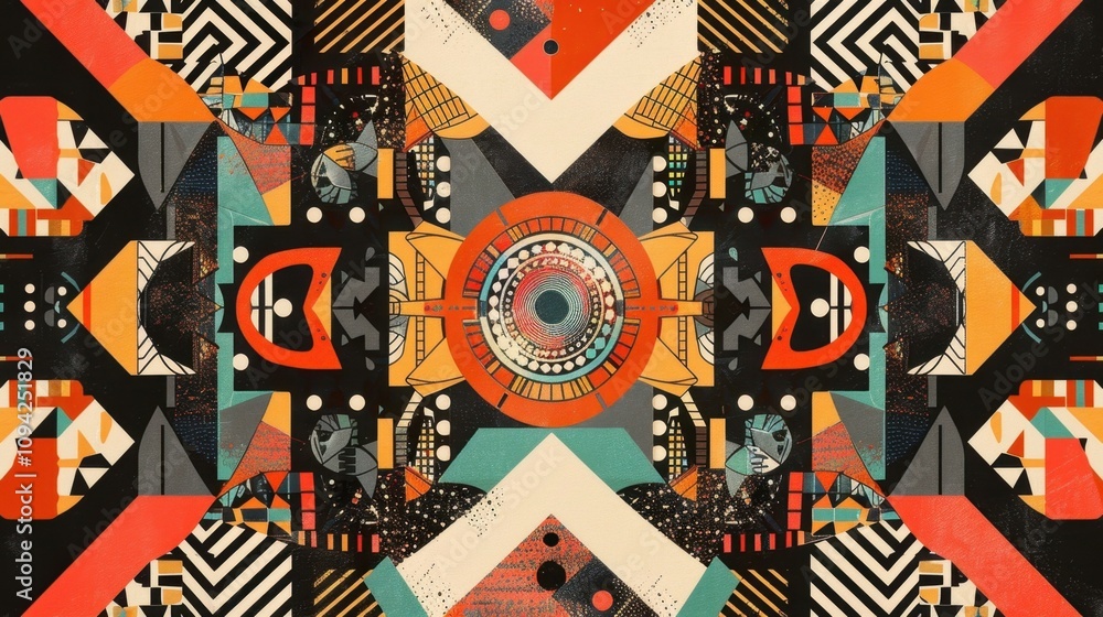 Poster geometric patterns overlapping in a kaleidoscopelike fashion creating an otherworldly maze.