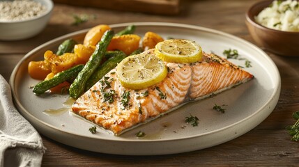 Fresh Baked Salmon with Lemon and Herbs on Plate