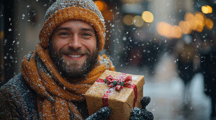 A smiling man joyfully handing over a beautifully wrapped Christmas gift. The scene radiates warmth, holiday spirit, and the joy of giving during the festive season.
