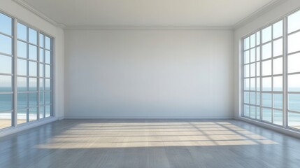 Obraz premium A spacious, empty room with large windows overlooking the ocean.