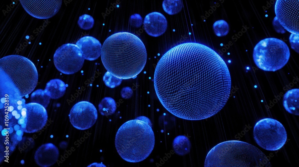 Poster Abstract blue spheres floating in dark space with light rays.