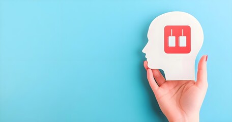 Human head silhouette holding a graphic representation of candle chart symbols against a vibrant blue background, symbolizing trading and financial analysis concepts.