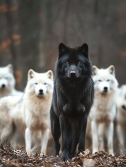 Obraz premium A striking pack of wolves, featuring a sleek black wolf in front of its majestic white companions in a forest backdrop.