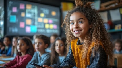 modern classroom technology, in a contemporary class, students of varying backgrounds learn with tablets, a smartboard, and an enthusiastic teacher