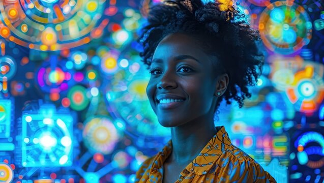A smiling woman surrounded by vibrant neon abstract digital art, creating a futuristic vibe and colorful atmosphere.