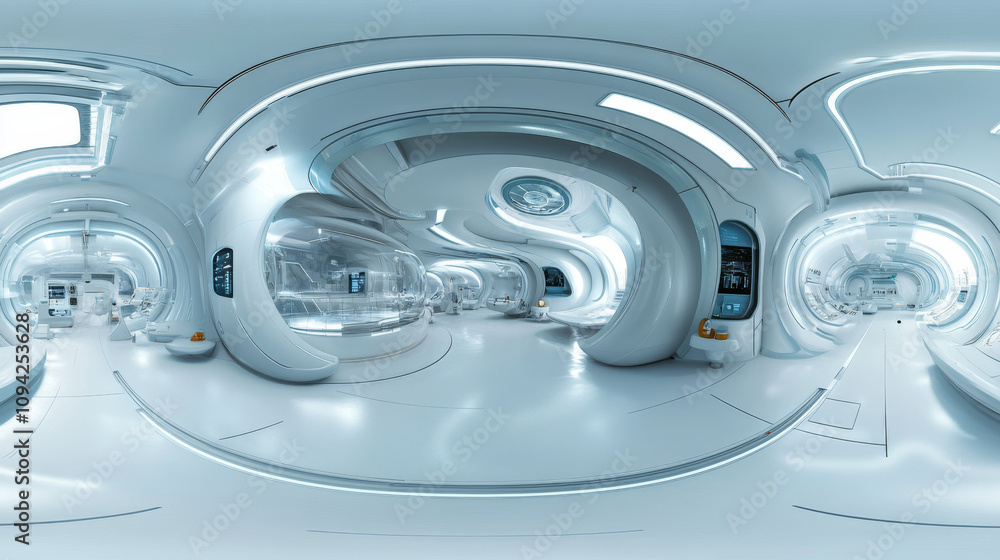 Poster 360 degree panorama view.a futuristic spaceship lab is shown in a 3d rendering. it's a panoramic vie