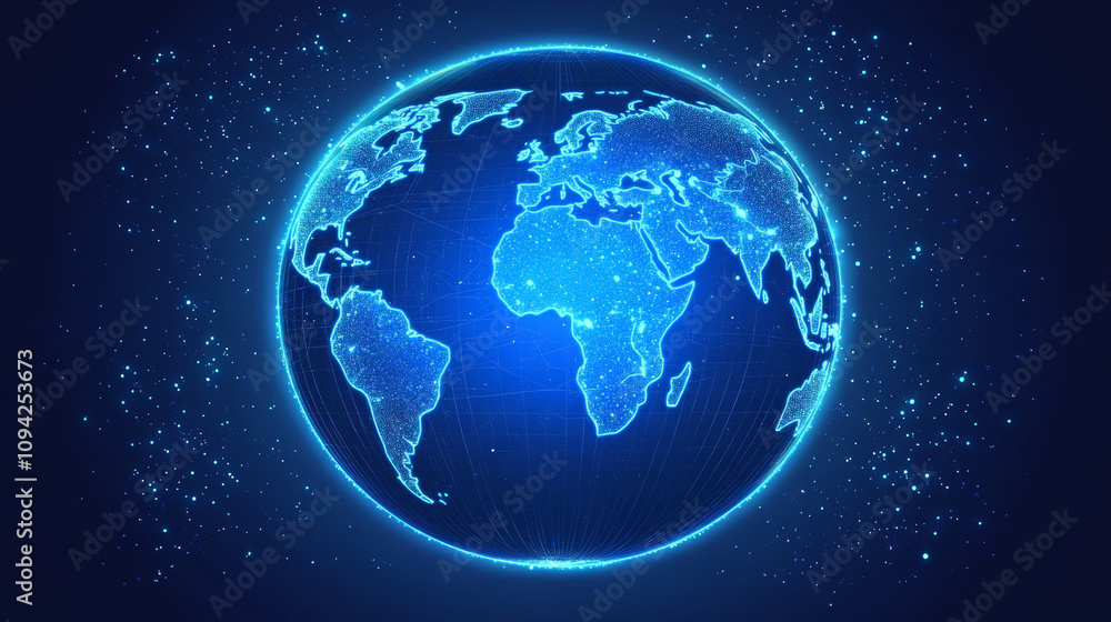 Poster a futuristic, holographic globe shows global connections. the world map is a hexagonal pattern, perf