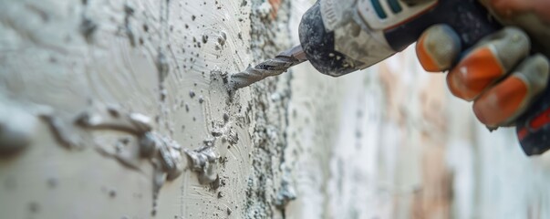 Close-up of drilling process in concrete surface.
