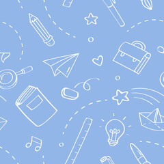 Education doodle seamless pattern. Back to school line hand drawn elements. vector repeated background.