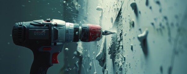 Close-up of drilling process in concrete surface.