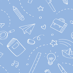 Education doodle seamless pattern. Back to school line hand drawn elements. vector repeated background.