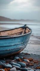 Obraz premium A serene close-up of a traditional Estonian fishing boat on the shore with gentle waves