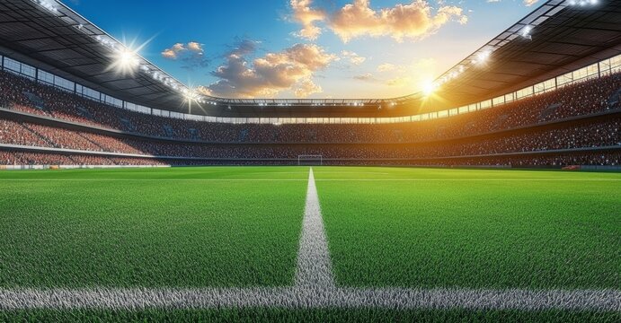 packed stadium soccer match vibrant grass field bright sunlight blue sky spectators