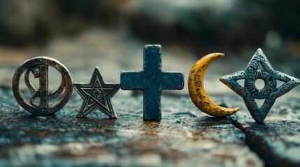 interfaith symbolism, various religious symbolsa cross, crescent moon, star of david, and om symbolneatly juxtaposed on a stone table, creating a harmonious composition in a close-up shot