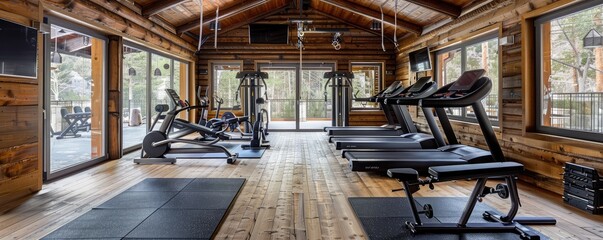 Bright gym with neat row of treadmills and greenery.