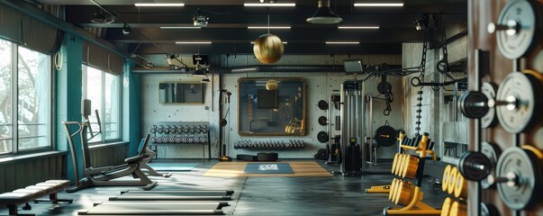 Bright gym with neat row of treadmills and greenery.