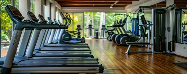Bright gym with neat row of treadmills and greenery.