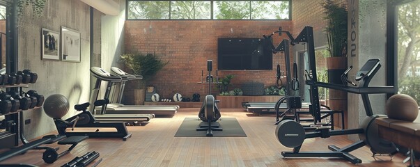 Bright gym with neat row of treadmills and greenery.