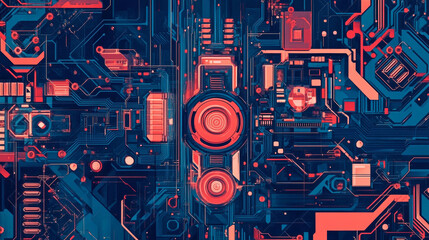 A futuristic circuit design, shown in blue and red, is digitally illustrated.