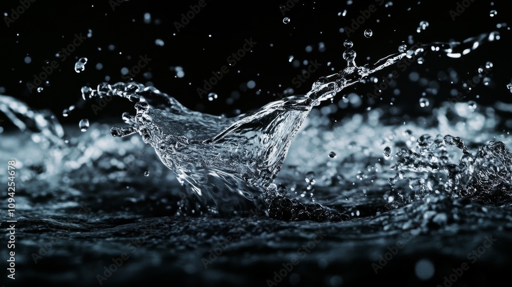 Poster dynamic water splash action studio high-resolution image dark environment close-up viewpoint fluid m