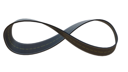 3D Infinity Loop Road Design: Winding Asphalt Highway Curves Through Floating Landscapes, Sunny Sky, and Endless Loops Symbolizing Speed, Mobility, Innovation, and Boundless Opportunities png