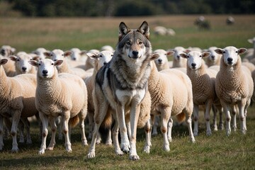 Fototapeta premium Apex Predator Disguised as Sheep Mastering Camouflage in Flocks