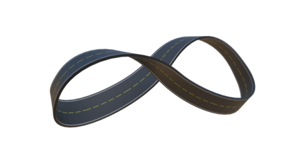 3D Infinity Loop Road Design: Winding Asphalt Highway Curves Through Floating Landscapes, Sunny Sky, and Endless Loops Symbolizing Speed, Mobility, Innovation, and Boundless Opportunities png