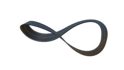 Naklejka premium 3D Infinity Loop Road Design: Winding Asphalt Highway Curves Through Floating Landscapes, Sunny Sky, and Endless Loops Symbolizing Speed, Mobility, Innovation, and Boundless Opportunities png