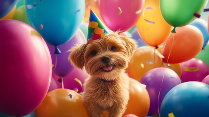 Joyful dog celebrates birthday surrounded by colorful balloons at home party playful atmosphere adorable pet moment